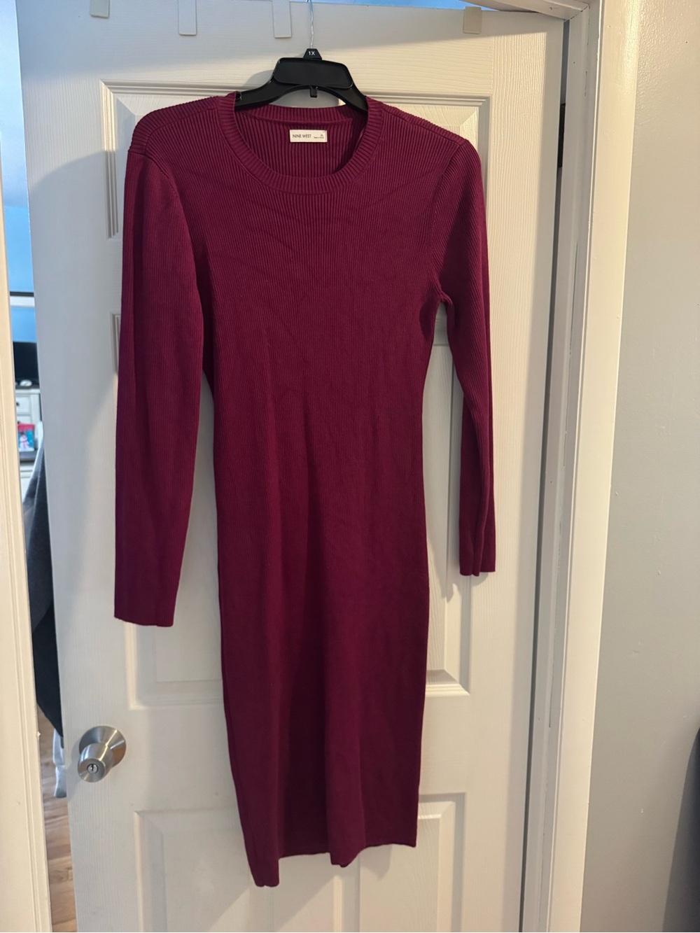 Nine West Ribbed Long-Sleeve Midi Dress in Berry Plum